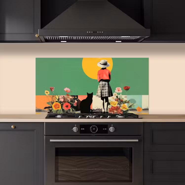 Retro - Meisje - Kat - Zon keuken achterwand spatscherm middel -sfeer1