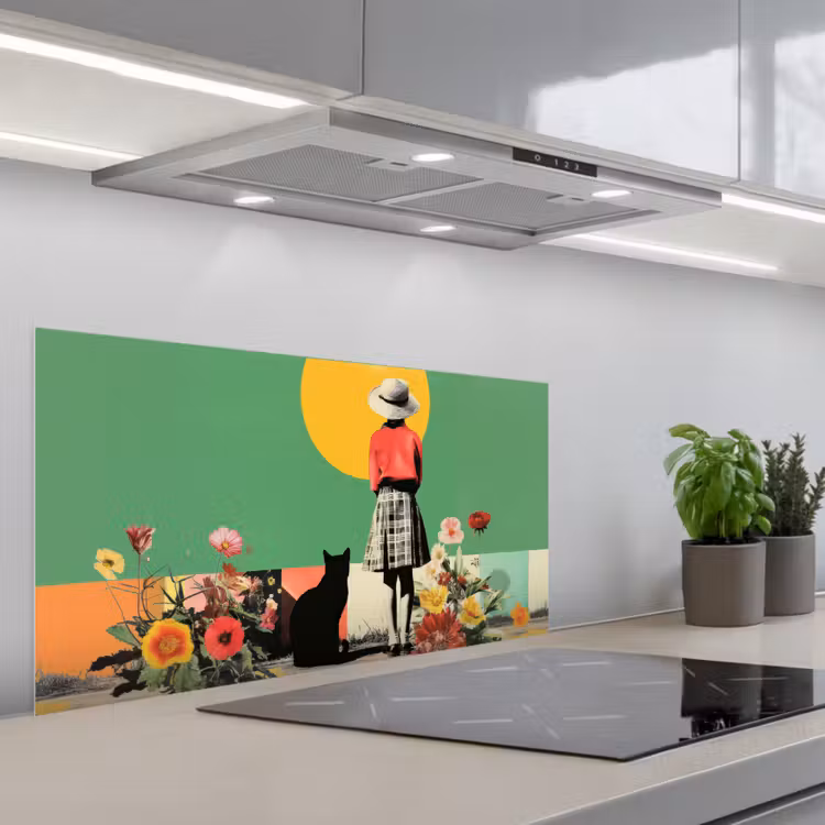 Retro - Meisje - Kat - Zon keuken achterwand spatscherm middel -3d_schuin