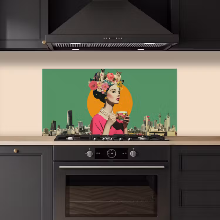 Retro - Vrouw - Stad - Zon keuken achterwand spatscherm middel -sfeer1