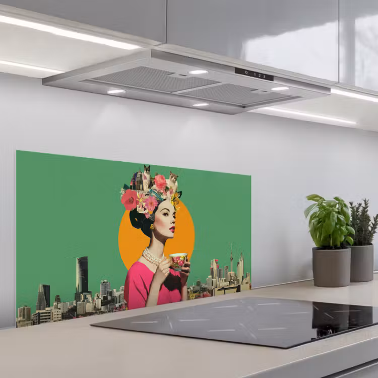 Retro - Vrouw - Stad - Zon keuken achterwand spatscherm middel -3d_schuin