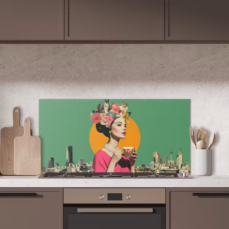 Retro - Vrouw - Stad - Zon keuken achterwand spatscherm middel -sfeer2