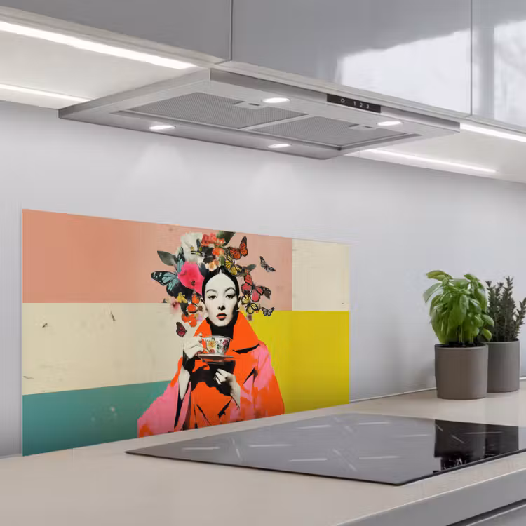 Retro - Vrouw - Kopje - Vlinders keuken achterwand spatscherm middel -3d_schuin