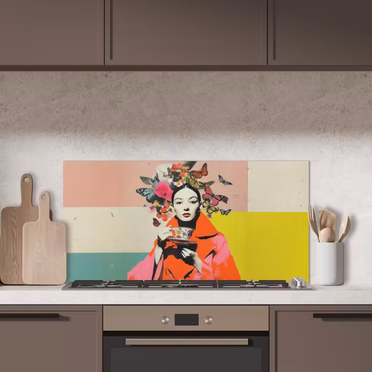 Retro - Vrouw - Kopje - Vlinders keuken achterwand spatscherm middel -sfeer2