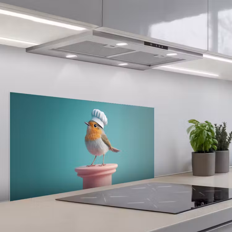 Roodborstje - Vogel - Koksmuts - Sokkel keuken achterwand spatscherm middel -3d_schuin