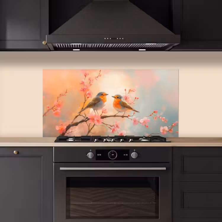 Roodborstjes - Sierlijk - Bloesemtak keuken achterwand spatscherm middel -sfeer1