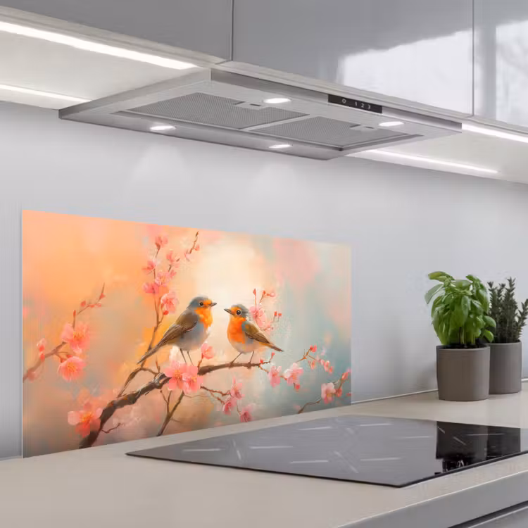 Roodborstjes - Sierlijk - Bloesemtak keuken achterwand spatscherm middel -3d_schuin