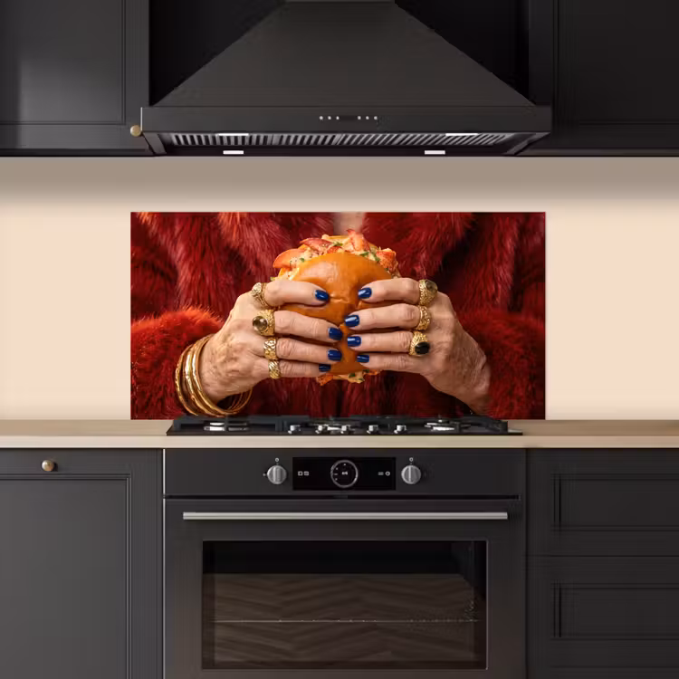 Broodje - Bontjas - Goud keuken achterwand spatscherm middel -sfeer1