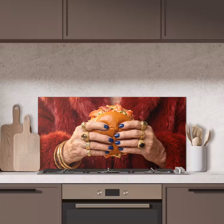 Broodje - Bontjas - Goud keuken achterwand spatscherm middel -sfeer2