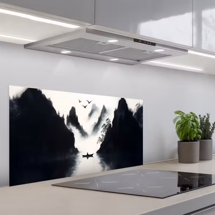 Roeiboot - Mistig - Bergen - Vogels keuken achterwand spatscherm middel -3d_schuin