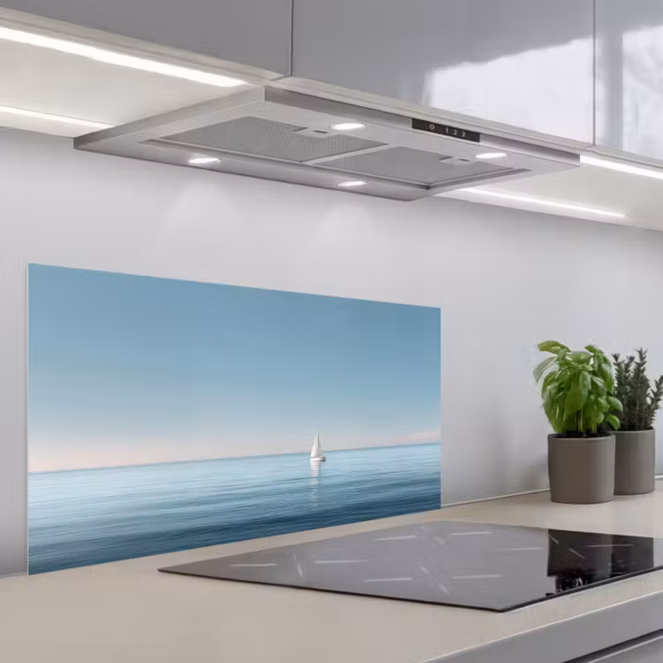 Zeilbootje - Kalme zee - Helderblauwe hemel keuken achterwand spatscherm middel -3d_schuin