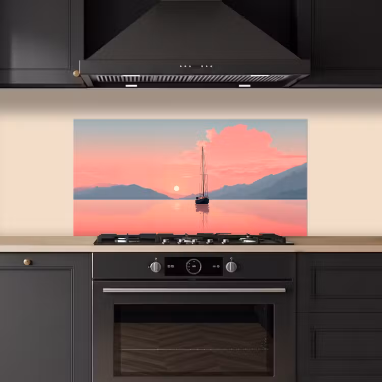 Zeilboot - Roze zee - Zonsondergang - Bergen keuken achterwand spatscherm middel -sfeer1