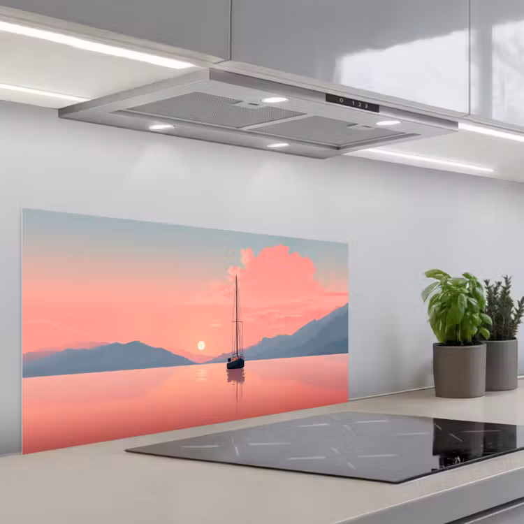 Zeilboot - Roze zee - Zonsondergang - Bergen keuken achterwand spatscherm middel -3d_schuin