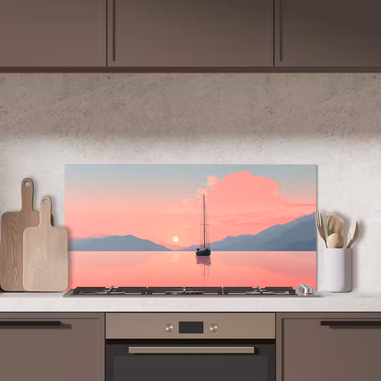 Zeilboot - Roze zee - Zonsondergang - Bergen keuken achterwand spatscherm middel -sfeer2