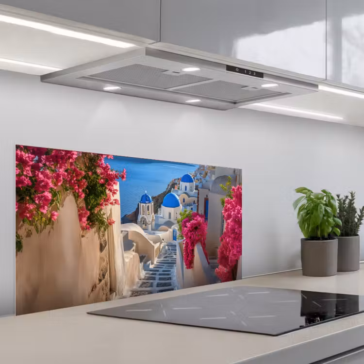 Santorini - Bloemen - Griekenland keuken achterwand spatscherm middel -3d_schuin