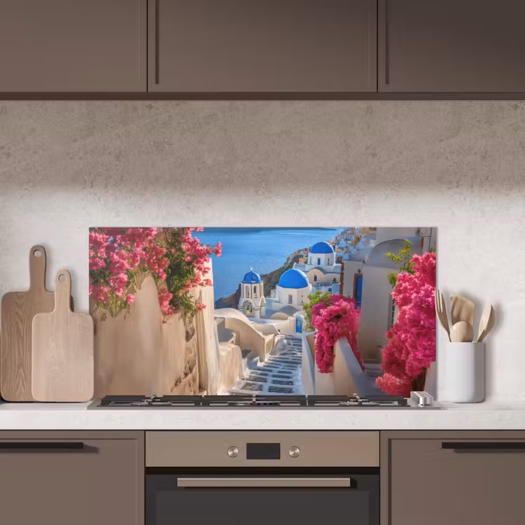 Santorini - Bloemen - Griekenland keuken achterwand spatscherm middel -sfeer2
