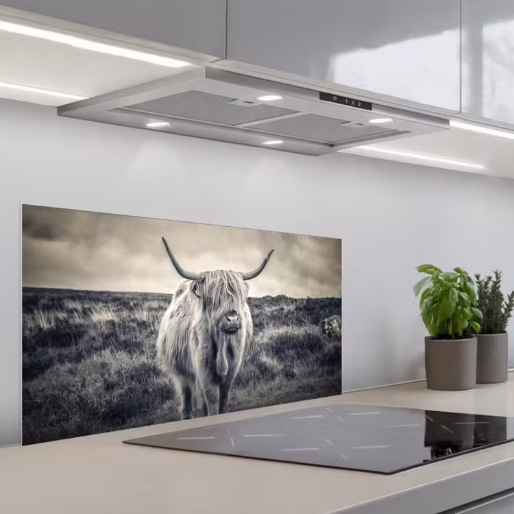 Schotse hooglander - Dieren - Wolken - Koe - Natuur keuken achterwand spatscherm middel -3d_schuin