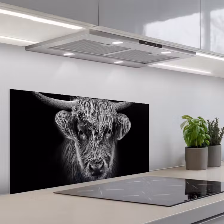 Schotse hooglander - Zwart - Koe - Dieren keuken achterwand spatscherm middel -3d_schuin