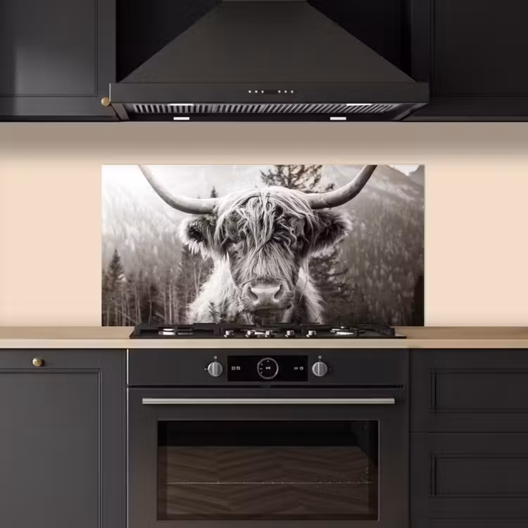 Schotse hooglander - Koe - Dieren - Zwart - Wit keuken achterwand spatscherm middel -sfeer1