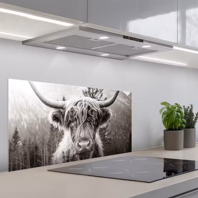 Schotse hooglander - Koe - Dieren - Zwart - Wit keuken achterwand spatscherm middel -3d_schuin