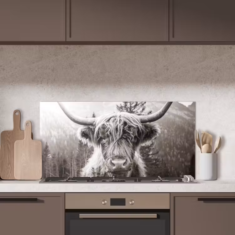 Schotse hooglander - Koe - Dieren - Zwart - Wit keuken achterwand spatscherm middel -sfeer2