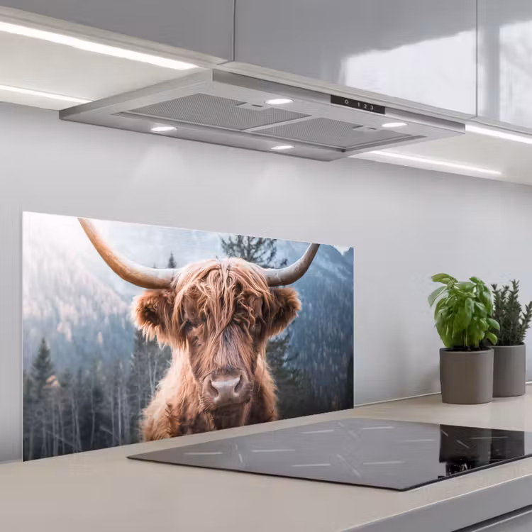 Schotse hooglander - Koe - Dieren - Berg - Natuur keuken achterwand spatscherm middel -3d_schuin