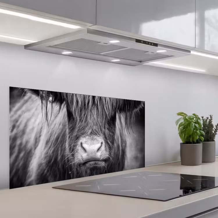 Schotse hooglander - Koe - Zwart - Wit - Dieren keuken achterwand spatscherm middel -3d_schuin