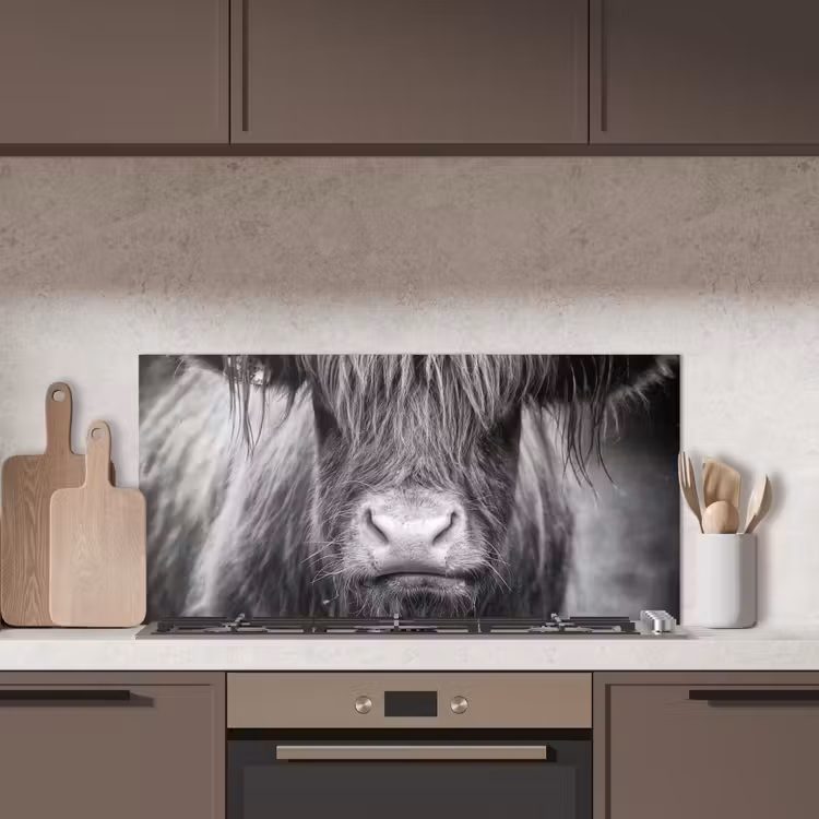 Schotse hooglander - Koe - Zwart - Wit - Dieren keuken achterwand spatscherm middel -sfeer2