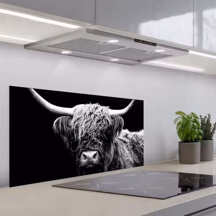Schotse Hooglander - Koe - Zwart - Wit - Dieren keuken achterwand spatscherm middel -3d_schuin