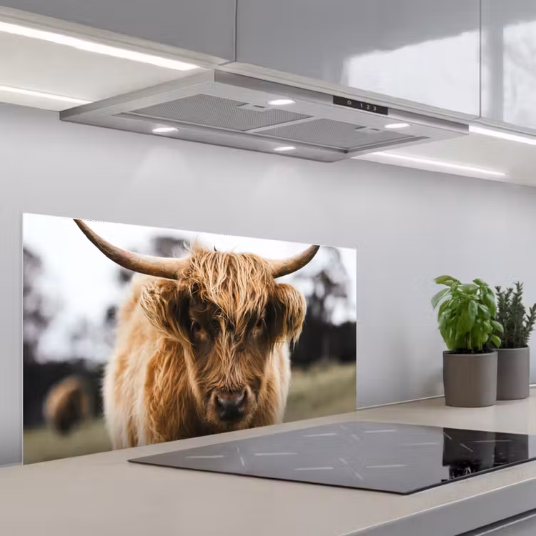 Schotse Hooglander - Koe - Gras - Dieren - Natuur keuken achterwand spatscherm middel -3d_schuin