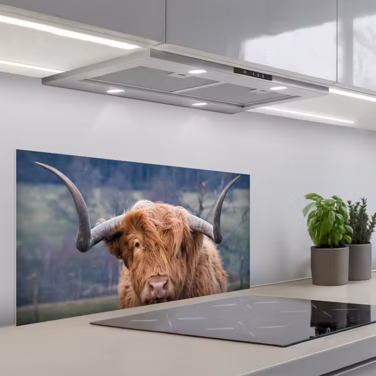 Schotse Hooglander - Koeienkop - Landschap - Natuur - Koe keuken achterwand spatscherm middel -3d_schuin