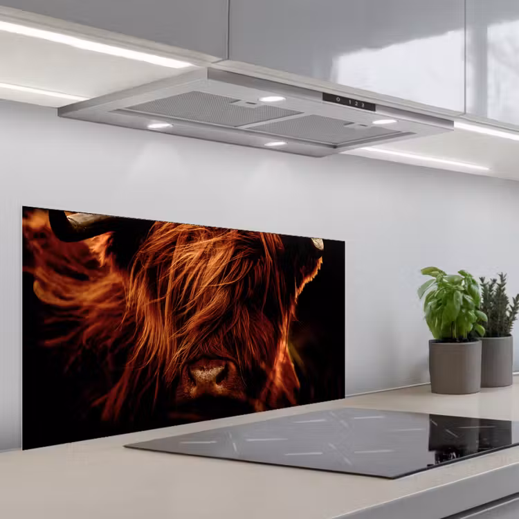 Schotse hooglander - Koe - Hoorns - Portret - Dieren keuken achterwand spatscherm middel -3d_schuin