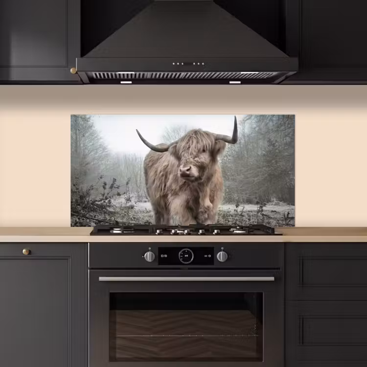 Schotse Hooglander - Bos - Mist - Koe - Dieren - Natuur keuken achterwand spatscherm middel -sfeer1
