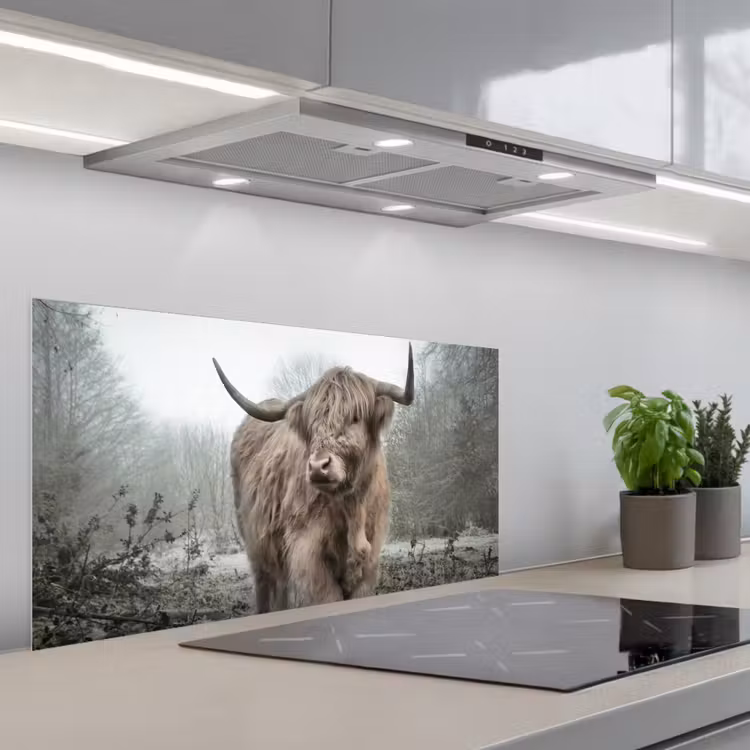 Schotse Hooglander - Bos - Mist - Koe - Dieren - Natuur keuken achterwand spatscherm middel -3d_schuin