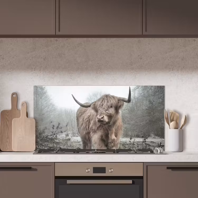 Schotse Hooglander - Bos - Mist - Koe - Dieren - Natuur keuken achterwand spatscherm middel -sfeer2
