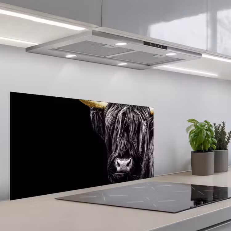Schotse hooglander - Goud - Vacht - Dieren - Koe keuken achterwand spatscherm middel -3d_schuin