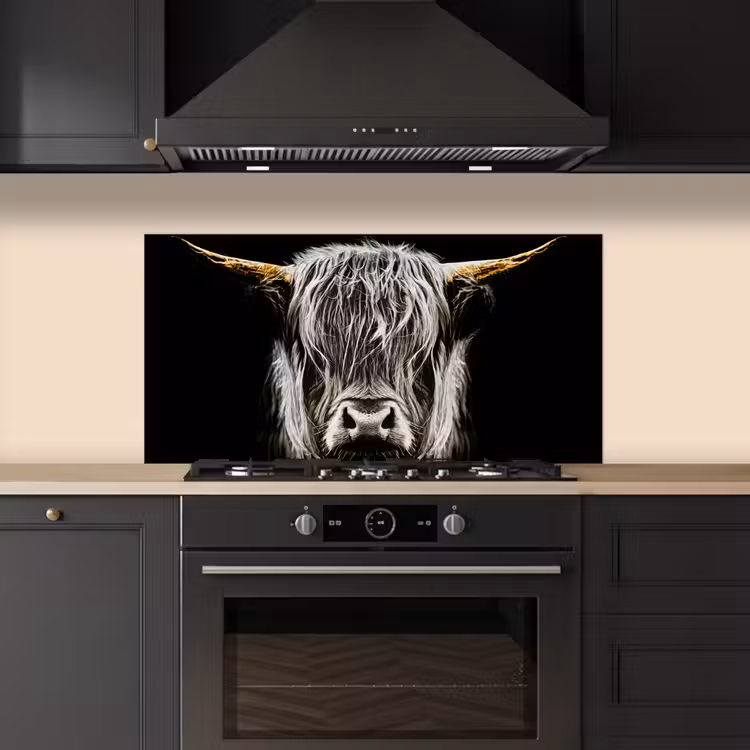 Schotse hooglander - Goud - Hoorns - Zwart wit - Koe - Dieren keuken achterwand spatscherm middel -sfeer1