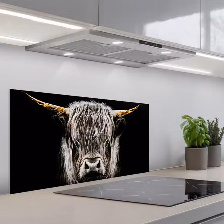 Schotse hooglander - Goud - Hoorns - Zwart wit - Koe - Dieren keuken achterwand spatscherm middel -3d_schuin