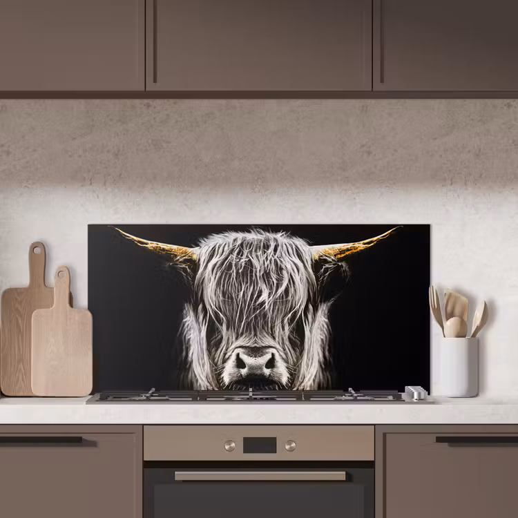 Schotse hooglander - Goud - Hoorns - Zwart wit - Koe - Dieren keuken achterwand spatscherm middel -sfeer2