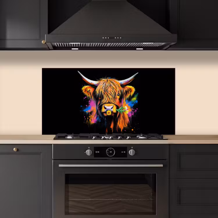 Schotse Hooglander - Graffiti - Kleurrijk - Bloem - Dieren keuken achterwand spatscherm middel -sfeer1