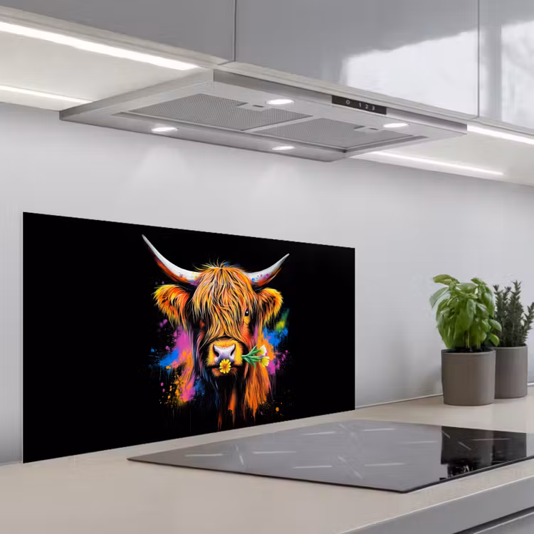 Schotse Hooglander - Graffiti - Kleurrijk - Bloem - Dieren keuken achterwand spatscherm middel -3d_schuin