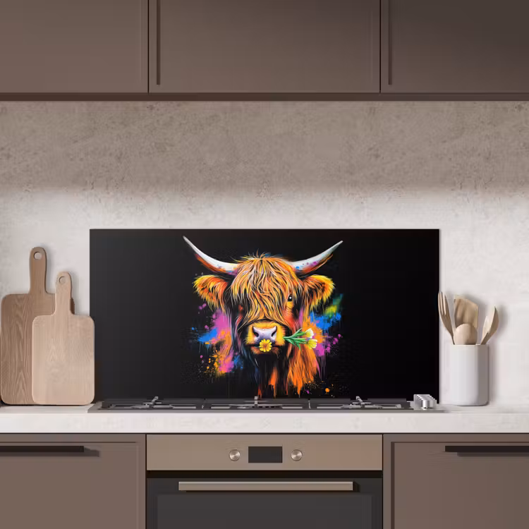 Schotse Hooglander - Graffiti - Kleurrijk - Bloem - Dieren keuken achterwand spatscherm middel -sfeer2