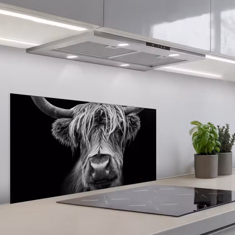Schotse Hooglander - Horens - Zwart - Wit - Koe - Wild - Dieren keuken achterwand spatscherm middel -3d_schuin