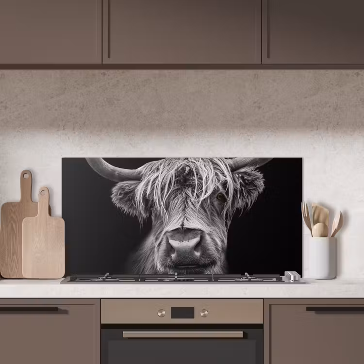 Schotse Hooglander - Horens - Zwart - Wit - Koe - Wild - Dieren keuken achterwand spatscherm middel -sfeer2