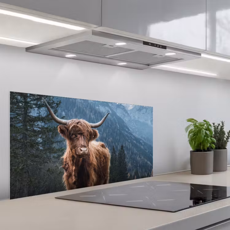 Schotse hooglander - Berg - Landschap - Bomen - Koe - Natuur keuken achterwand spatscherm middel -3d_schuin