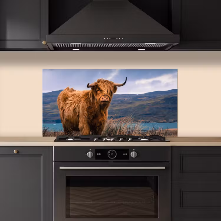 Schotse Hooglander - Berg - Water - Natuur - Koe keuken achterwand spatscherm middel -sfeer1