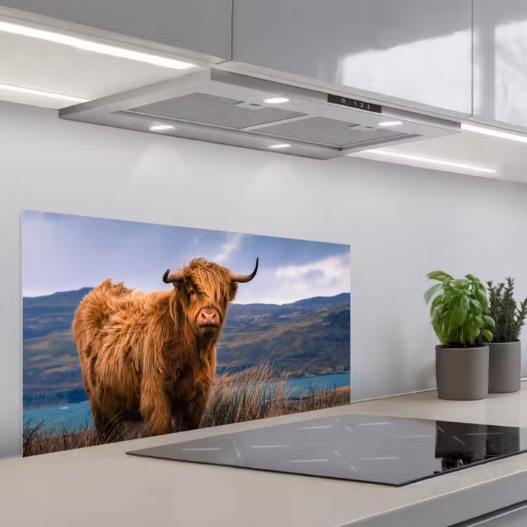 Schotse Hooglander - Berg - Water - Natuur - Koe keuken achterwand spatscherm middel -3d_schuin