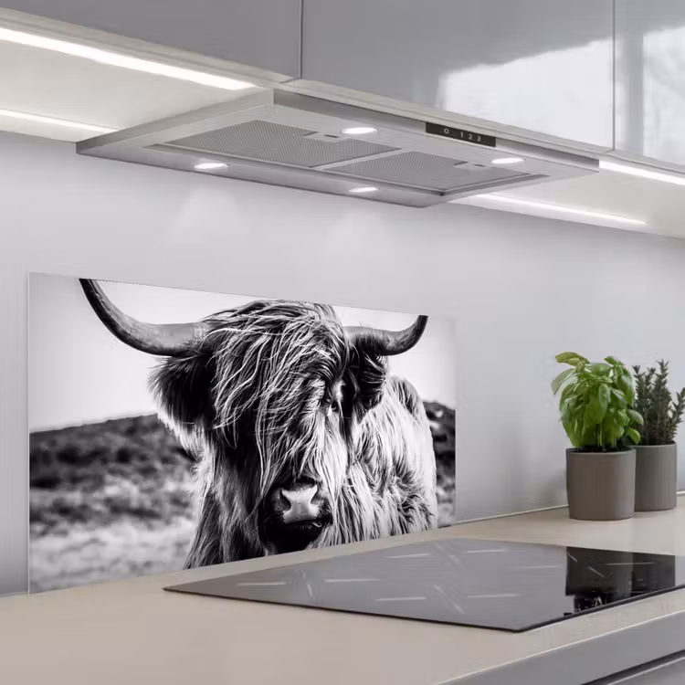Schotse hooglander - Natuur - Koe - Zwart - Wit keuken achterwand spatscherm middel -3d_schuin