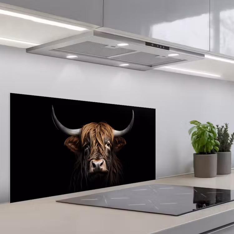 Schotse hooglander - Portret - Zwart - Dier keuken achterwand spatscherm middel -3d_schuin