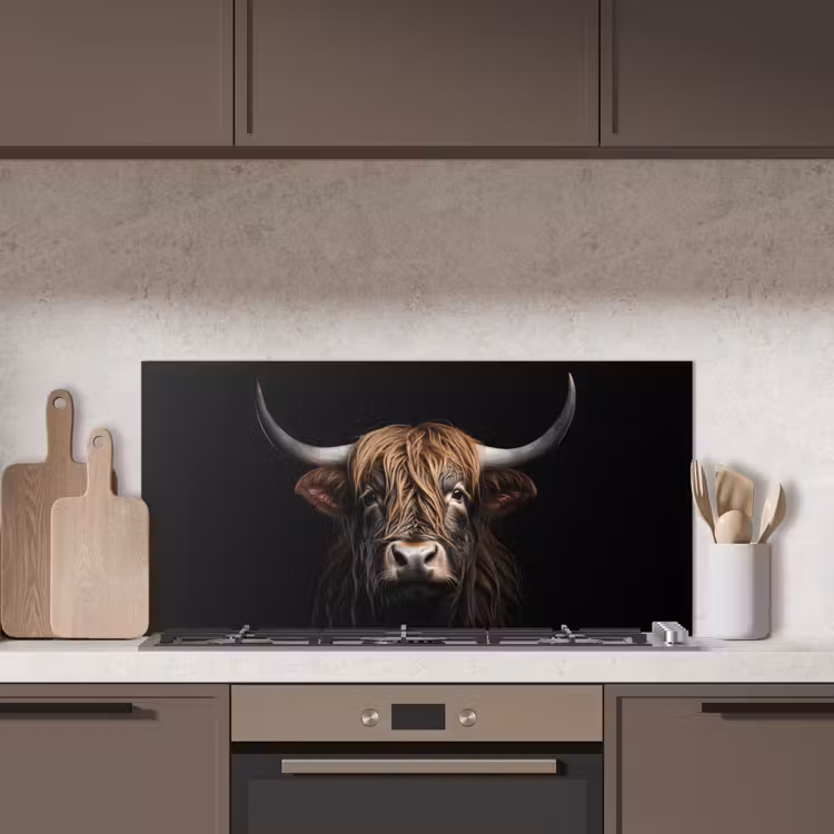 Schotse hooglander - Portret - Zwart - Dier keuken achterwand spatscherm middel -sfeer2