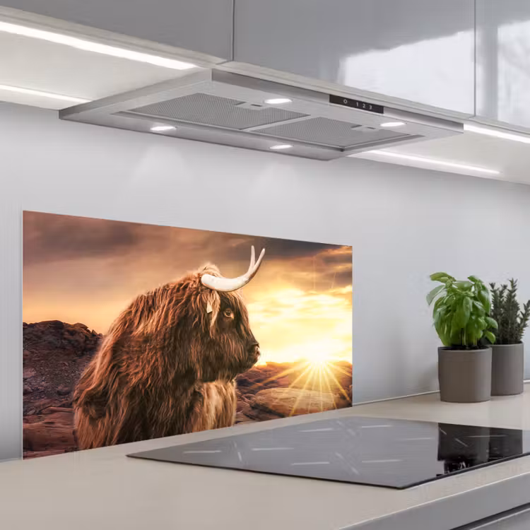 Schotse hooglander - Zon - Horizon - Koe - Dieren keuken achterwand spatscherm middel -3d_schuin
